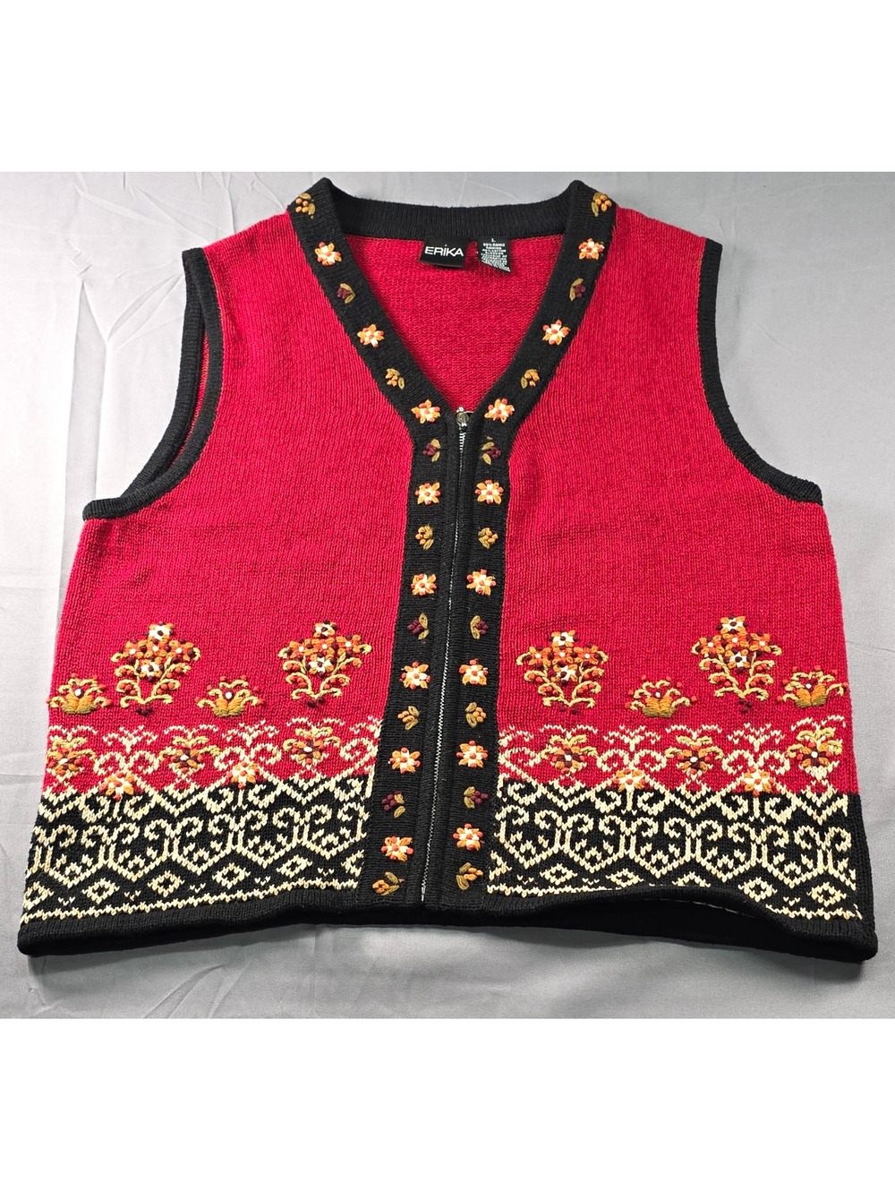 VTG Erika Red Knit Sweater Vest Zip Front Embroidered Floral Cottagecore L